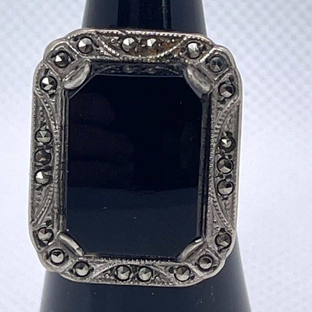 VTG Art Deco Sterling Silver Black Onyx Marcasite Ring Antique Estate Size 6.25